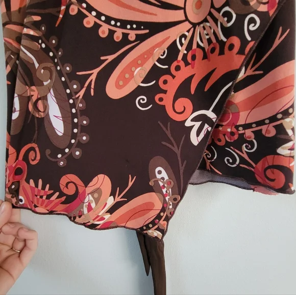 A. Byer Y2K Faux Wrap Babydoll Floral Chocolate Brown Women's Top Size M 90's - Picture 9 of 9